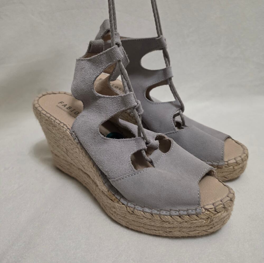 Fabiolas Wedge Espadrilles – Grey Suede Sandals with Ribbons